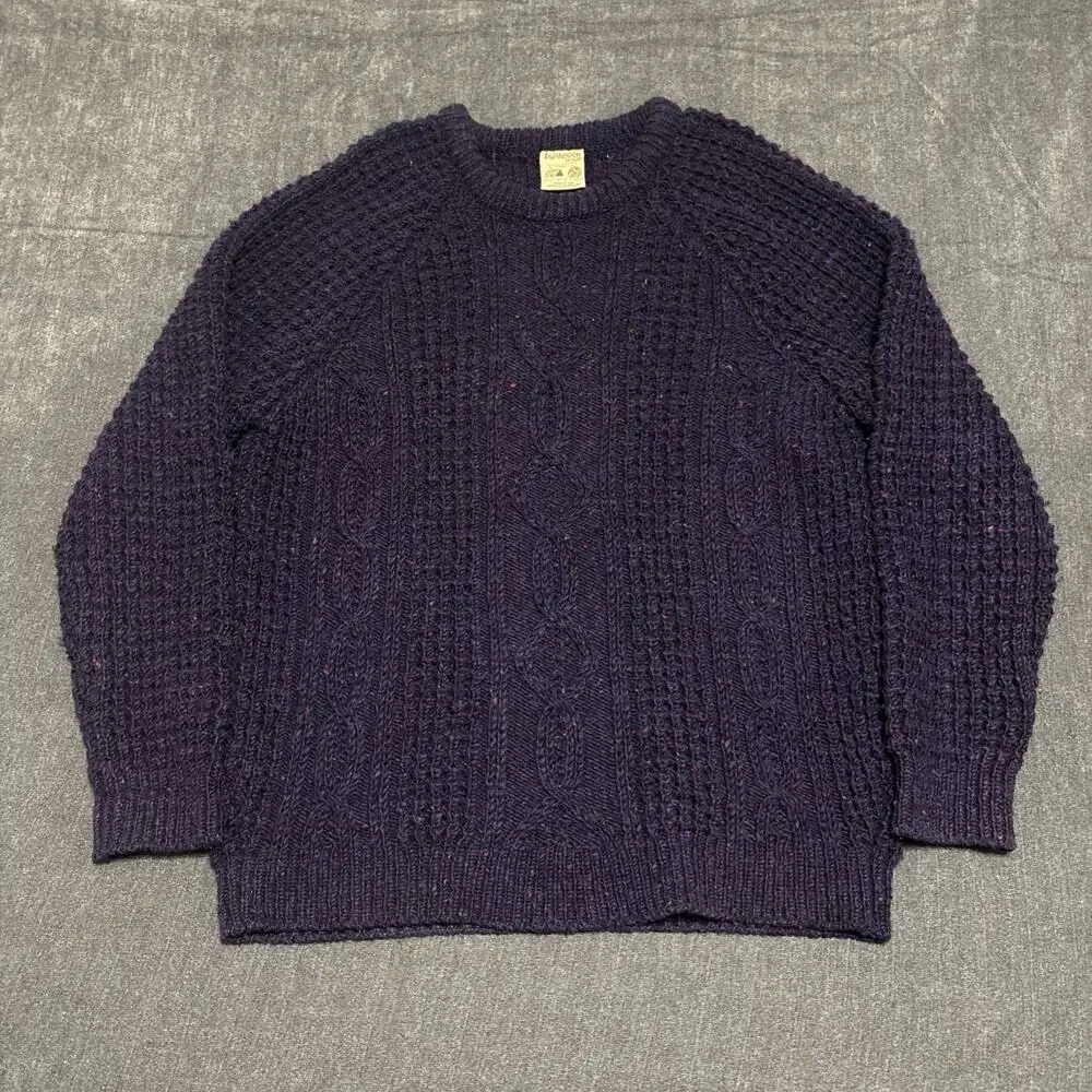 VINTAGE Inishowen Men Sweater L Blue Cable Knit 100% Wool Handloomed Donegal